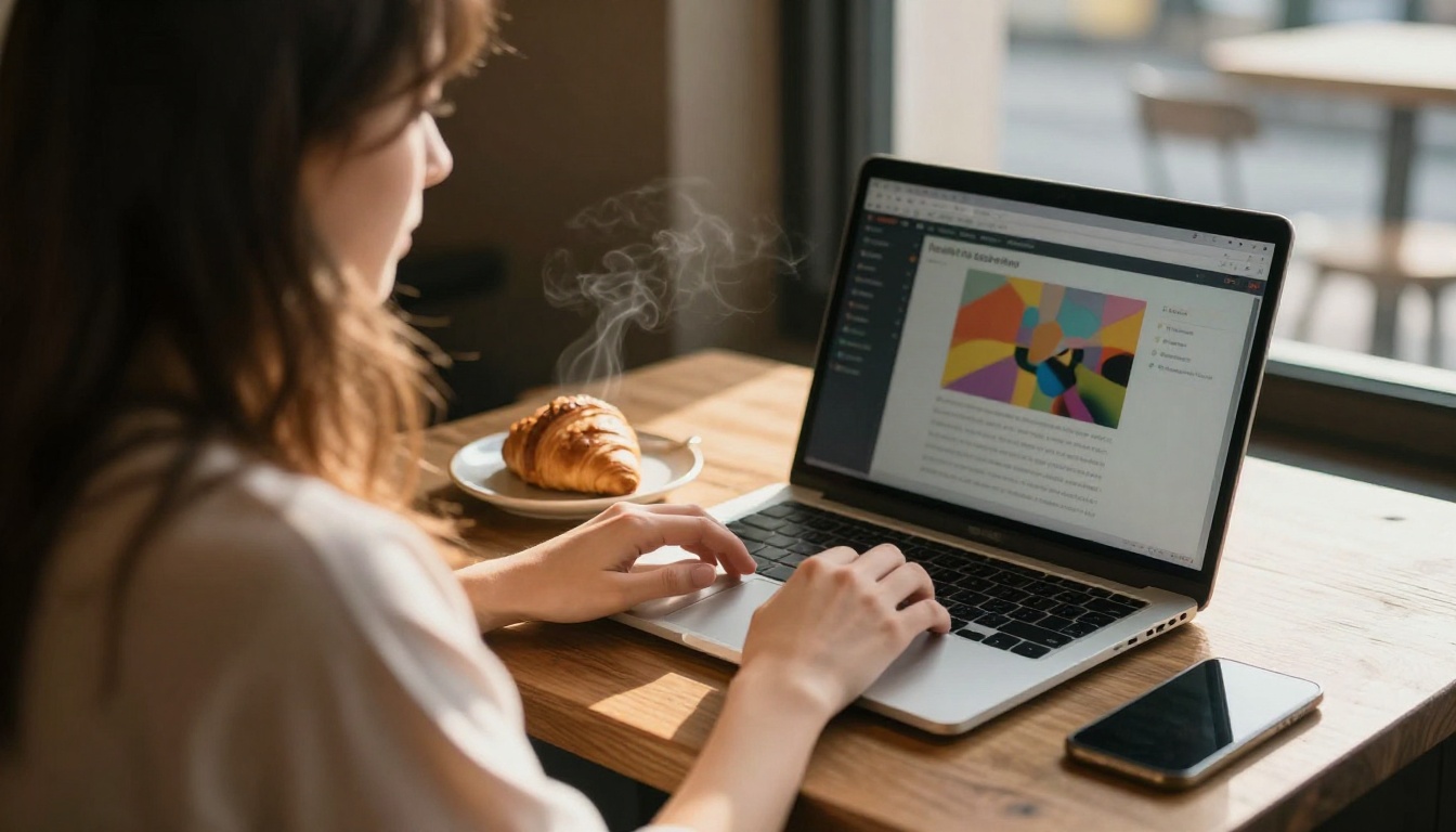 A freelance designer working on a laptop at a sunlit cafe table