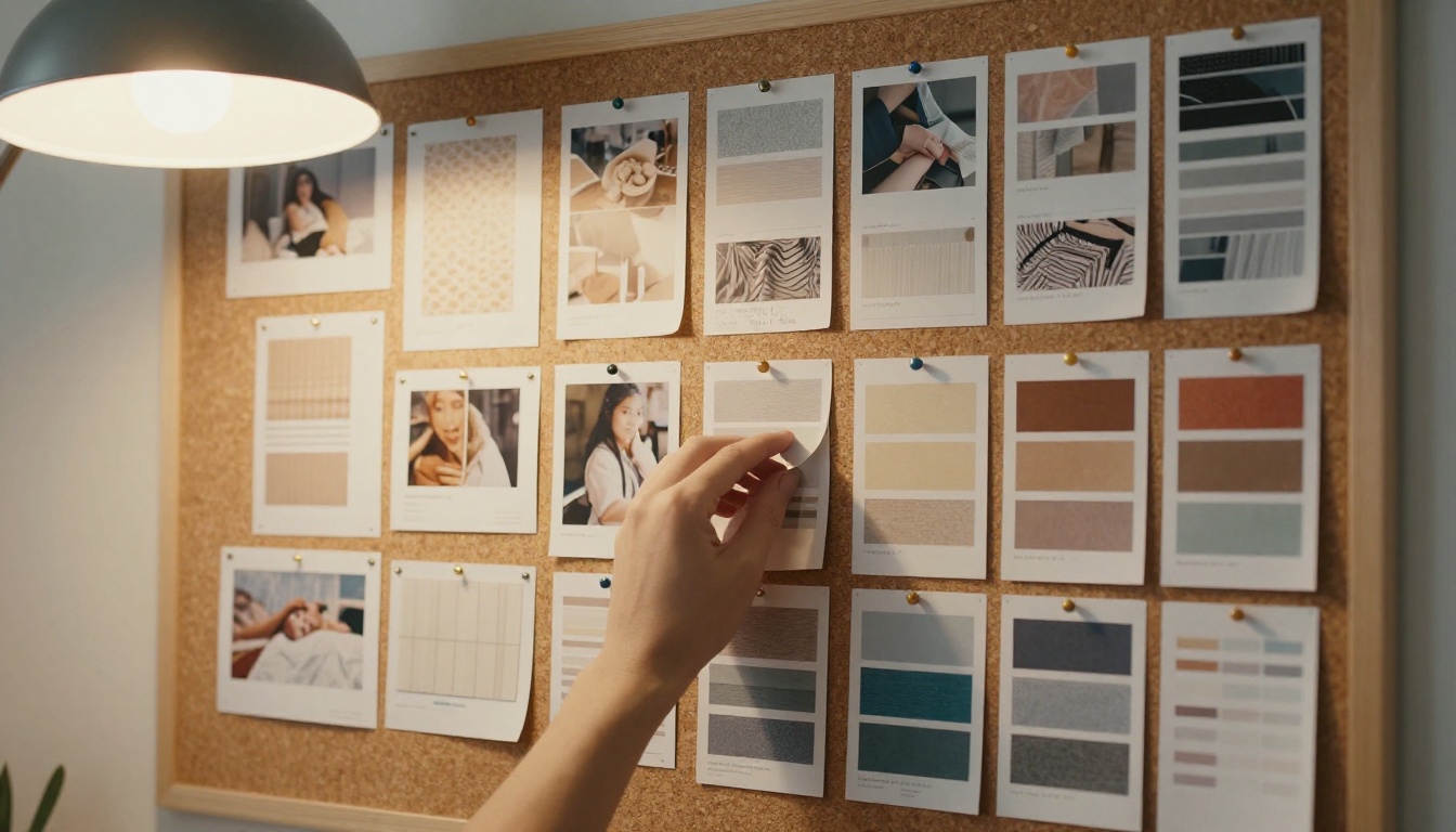 A cork board filled with printed reference photographs and fabric swatches