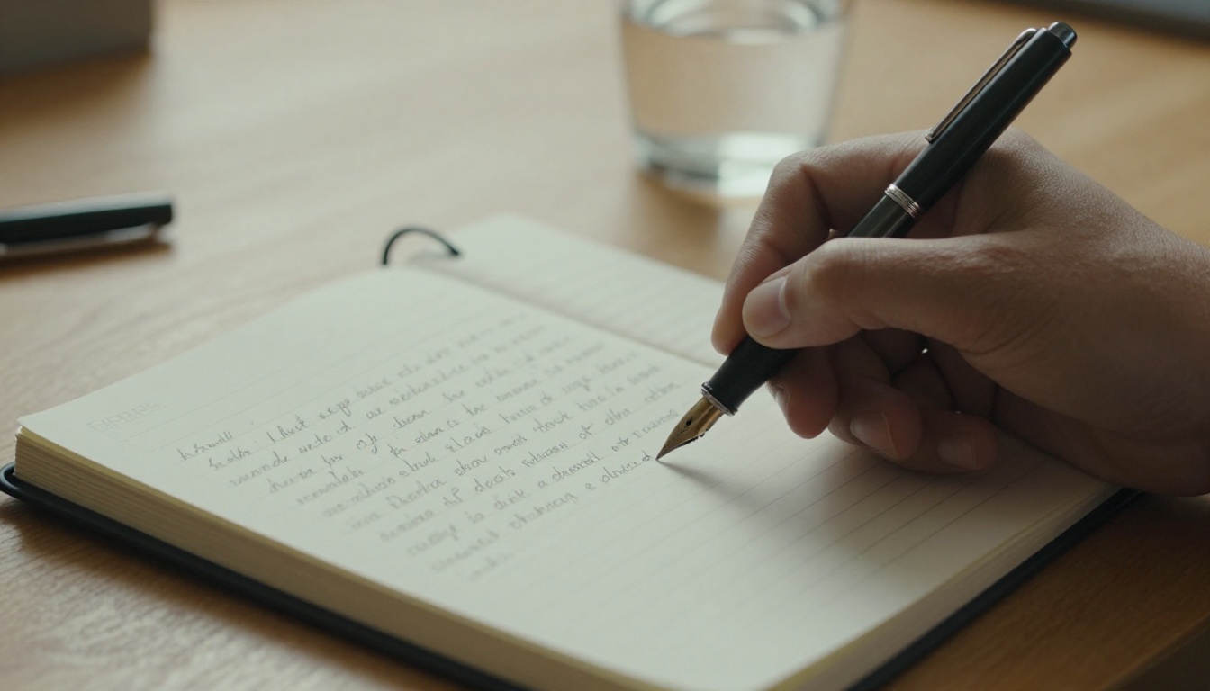 A hand writing a descriptive paragraph in a notebook with a fountain pen