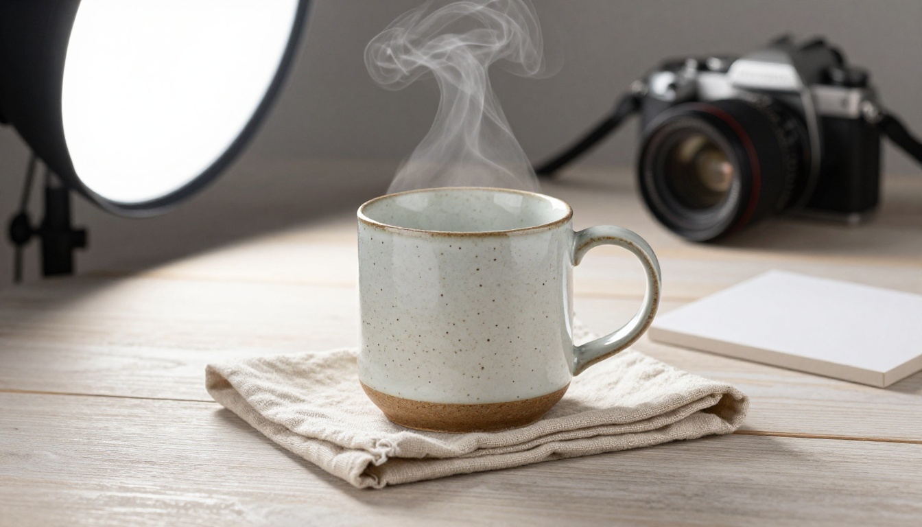 A speckled ceramic mug on linen lit by a large softbox