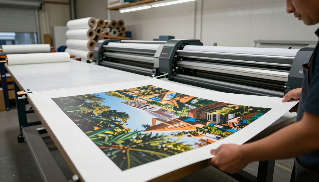 A print shop worker lifting a freshly printed large-format landscape photograph