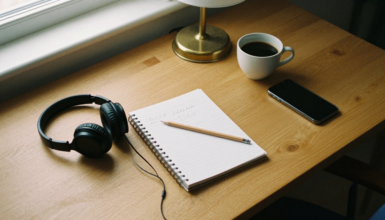 Overhead view of a wooden desk with studio headphones, a notebook and coffee on the morning Suno v6 launched