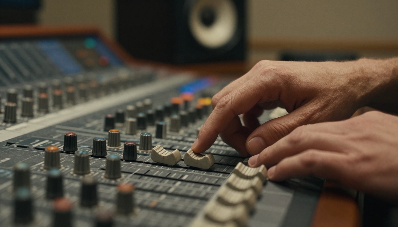 Close-up of the hands of a producer on the faders of a mixing console, the kind of polish the flagship Suno v6 model aims for