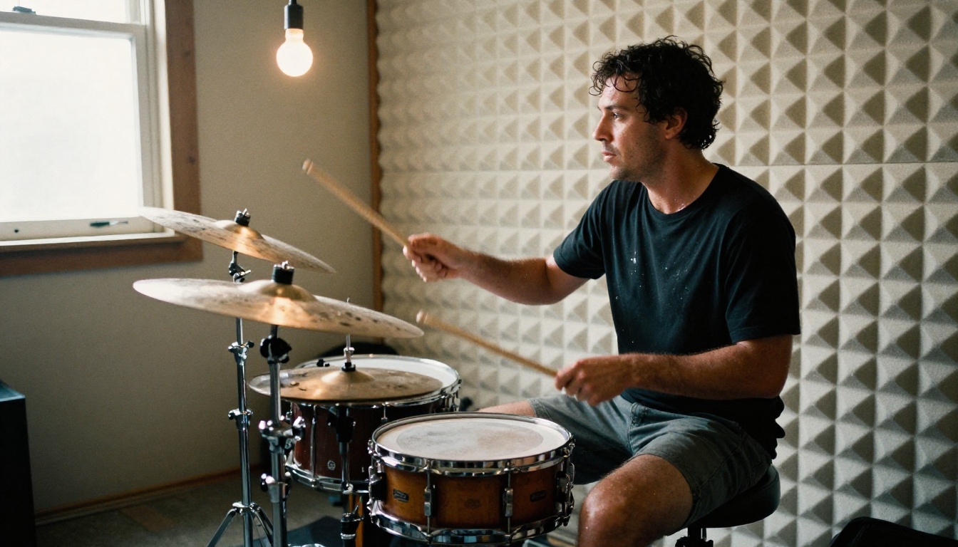 Drummer in motion inside a cramped rehearsal room, the loose energy of the v6-wild model