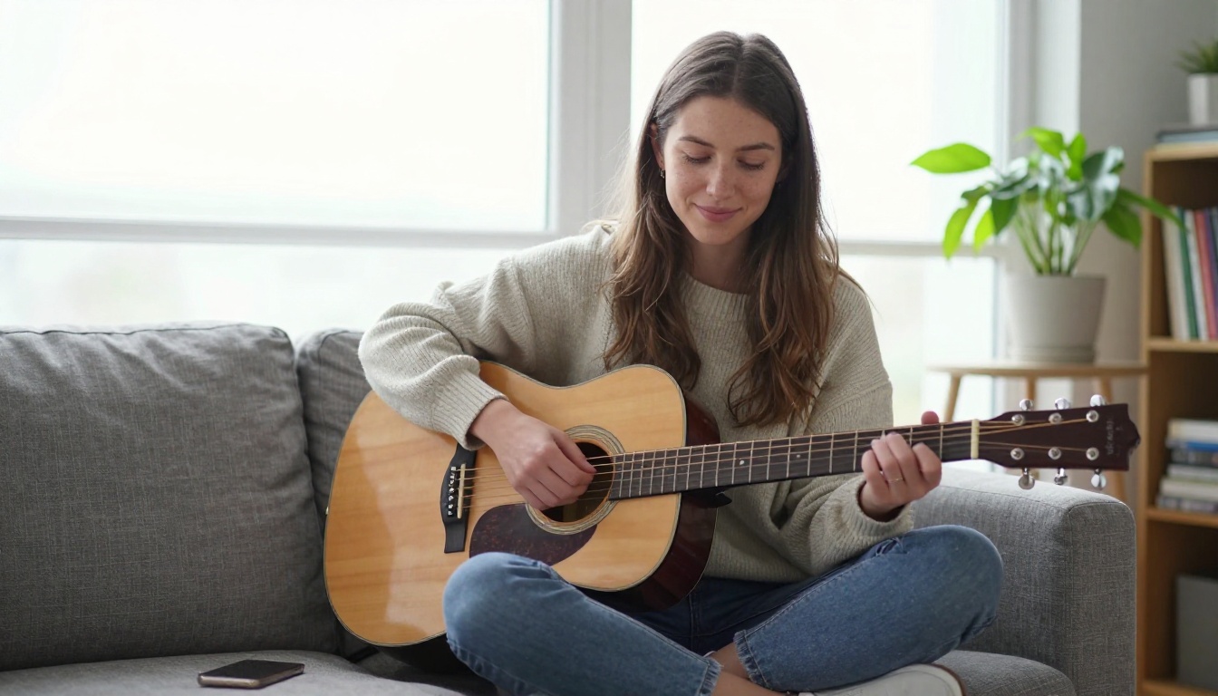 Songwriter on a couch with an acoustic guitar and a phone, sketching song ideas on the free v6-mini model