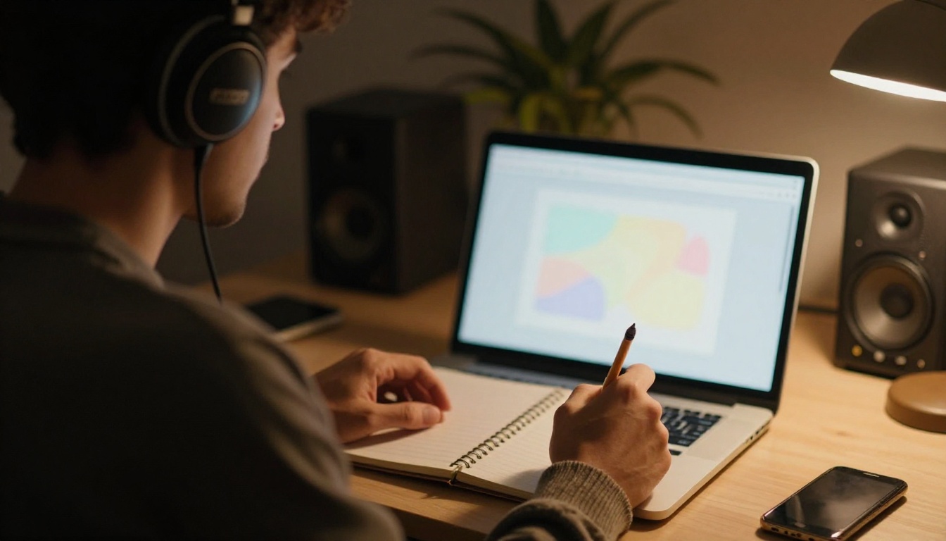 Producer with headphones leaning toward a laptop while editing one section of a song