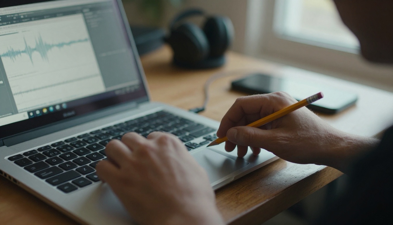 A songwriter's hands moving across a laptop trackpad and a MIDI pad controller on a maple desk A songwriter's hands moving across a laptop trackpad and a MIDI pad controller on a maple desk