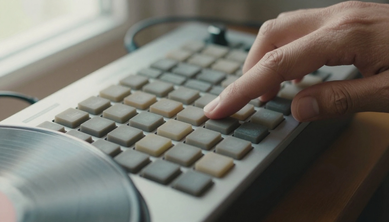 Hands tapping rubber sampler pads on a drum machine, the workflow behind Suno v6 sampling