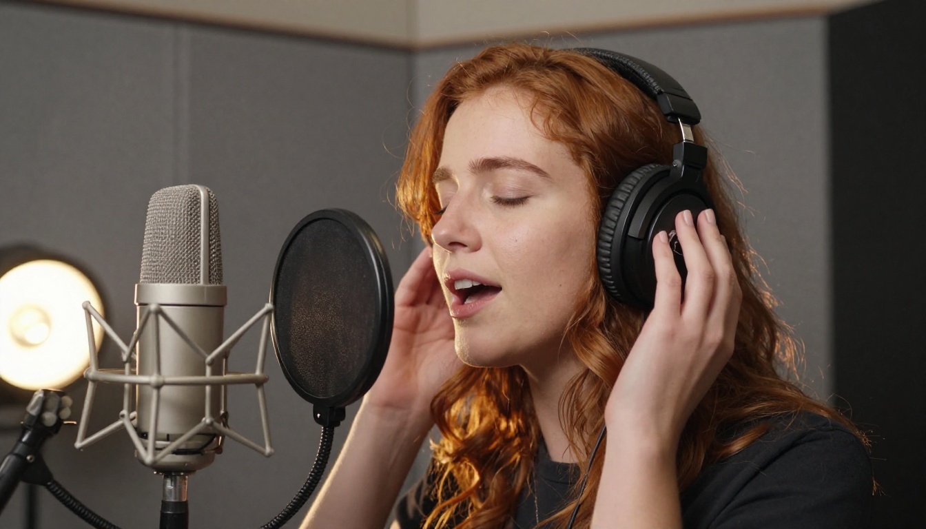 A singer with wavy auburn hair performing into a condenser microphone inside a vocal booth A singer with wavy auburn hair performing into a condenser microphone inside a vocal booth