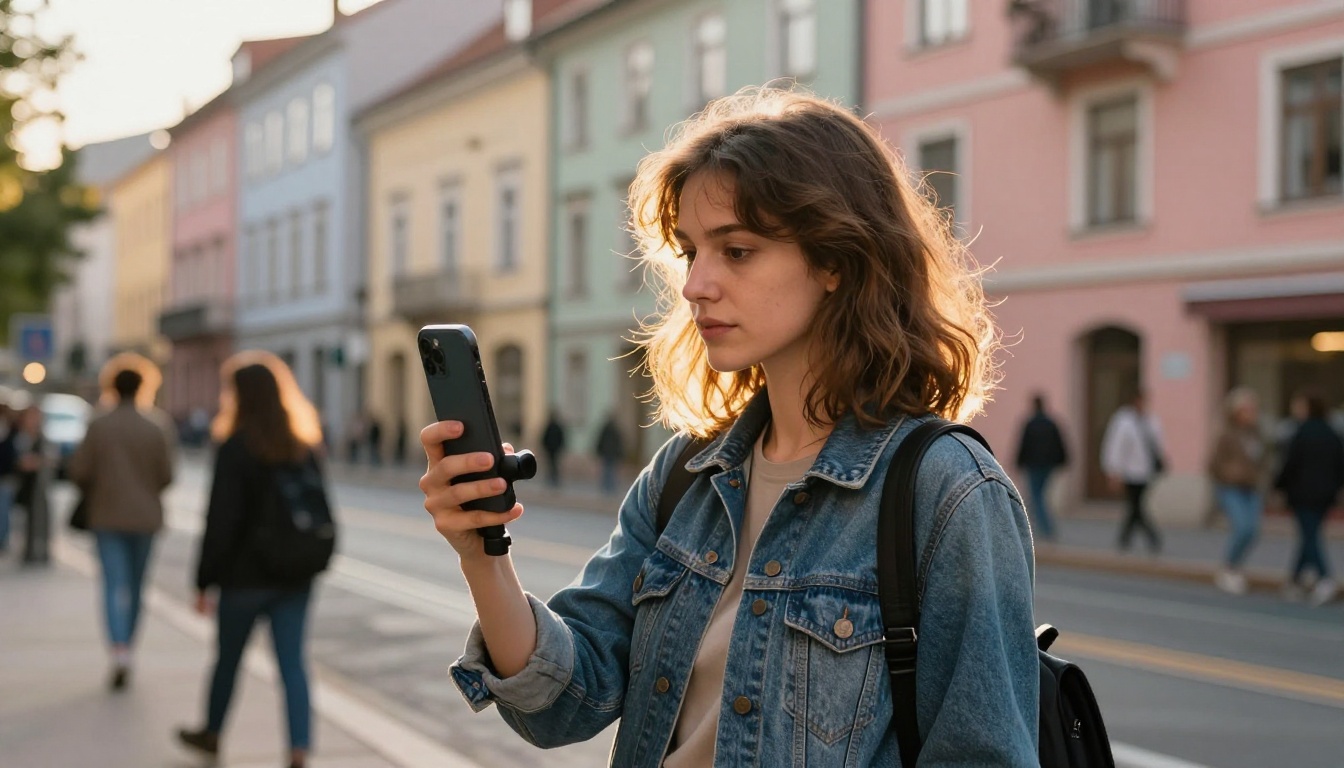 Woman filming a sunny city street with a smartphone on a gimbal, a typical video reference for a Suno v6 prompt