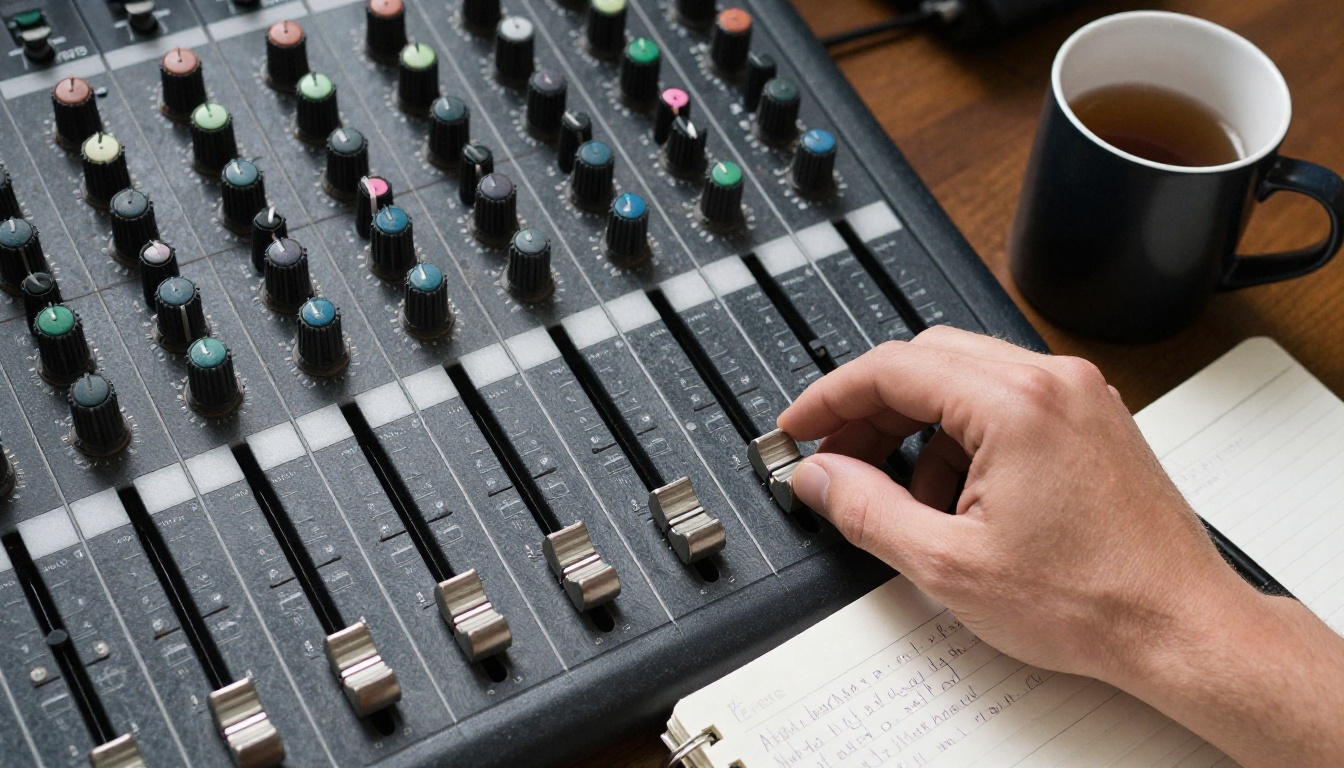 Top-down view of a hand on a mixing console fader beside a notebook and a mug of tea Top-down view of a hand on a mixing console fader beside a notebook and a mug of tea