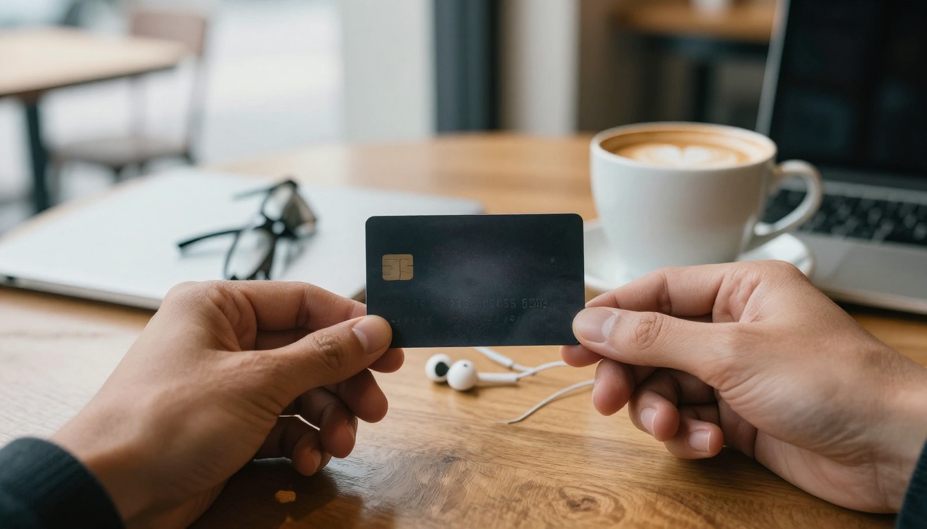 Hands holding a credit card above a cafe table with a laptop and coffee, weighing Suno v6 plan prices