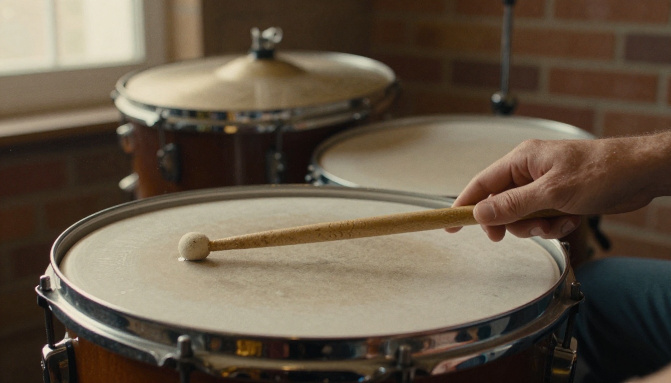 A drummer's hand holding a stick above a worn snare drum in a brick rehearsal room A drummer's hand holding a stick above a worn snare drum in a brick rehearsal room