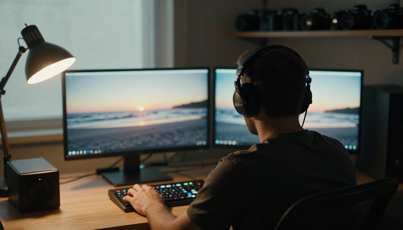 Videographer in an editing room working on footage that will carry a Suno v6 track