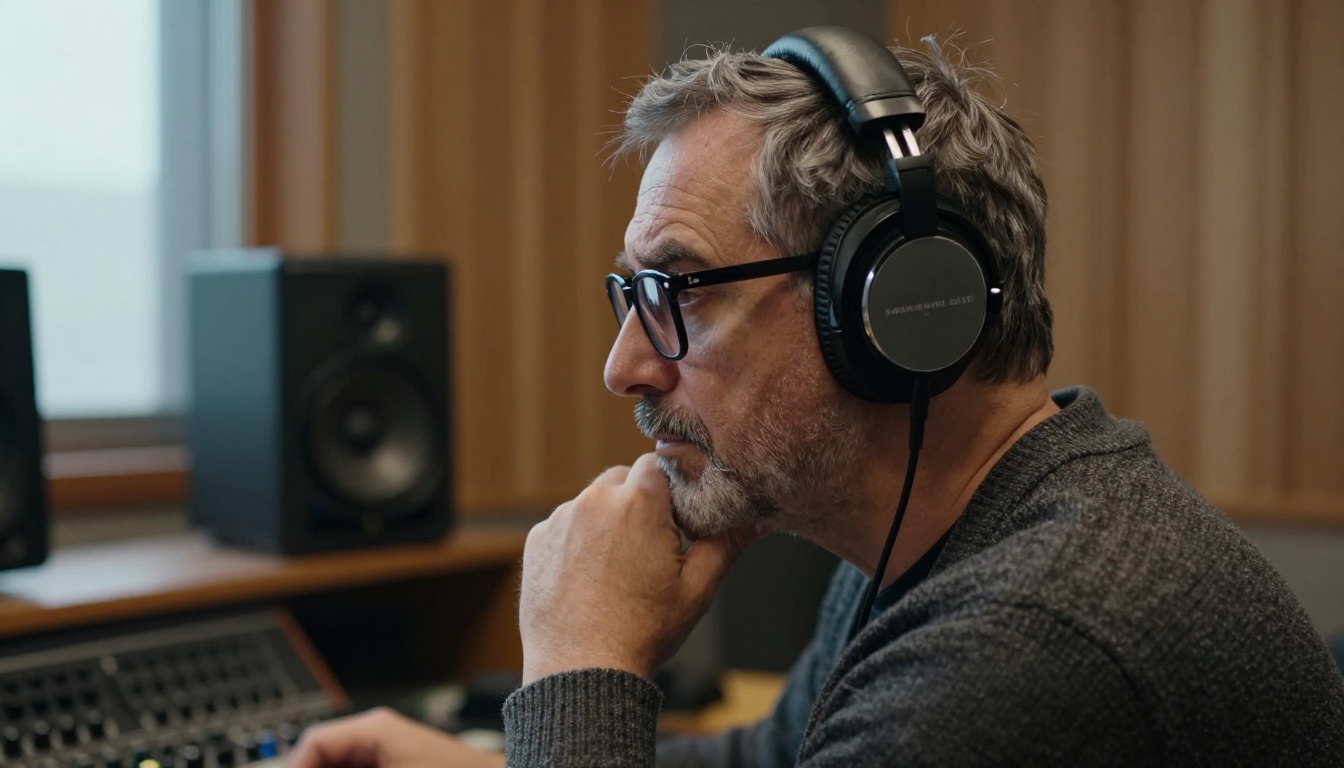An audio engineer in profile wearing closed-back headphones and listening critically An audio engineer in profile wearing closed-back headphones and listening critically