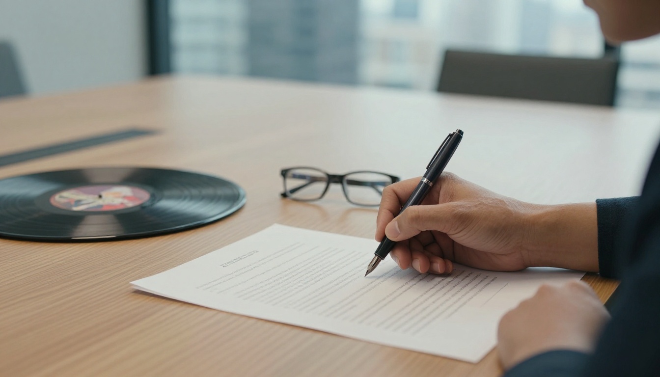 A hand signing a printed agreement with a fountain pen on an oak conference table A hand signing a printed agreement with a fountain pen on an oak conference table