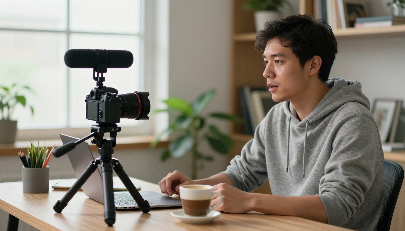 A video creator seated at a desk with a mirrorless camera, shotgun microphone and laptop A video creator seated at a desk with a mirrorless camera, shotgun microphone and laptop