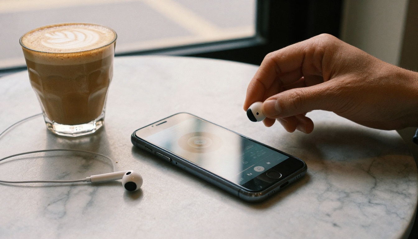 A smartphone and earbuds on a marble cafe table beside a flat white coffee A smartphone and earbuds on a marble cafe table beside a flat white coffee