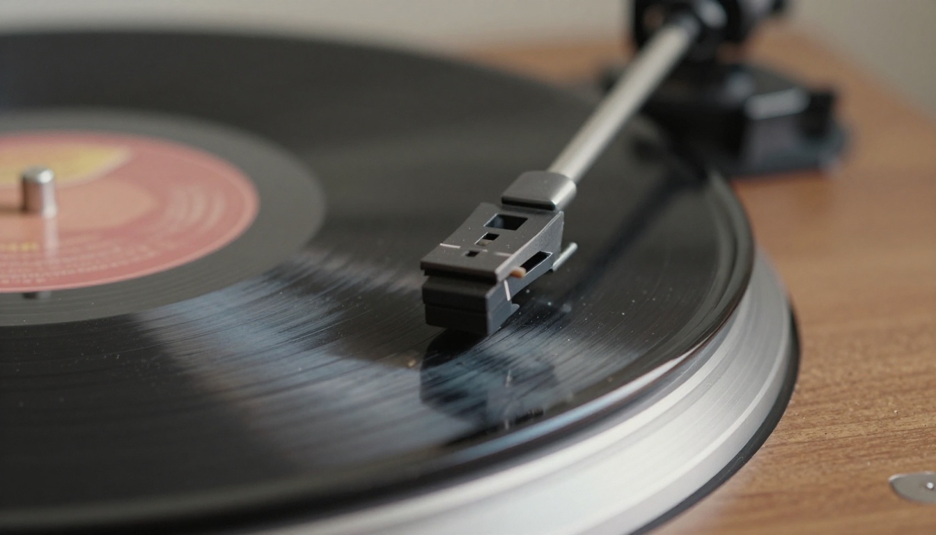 Macro view of a turntable stylus resting in the grooves of a black vinyl record Macro view of a turntable stylus resting in the grooves of a black vinyl record