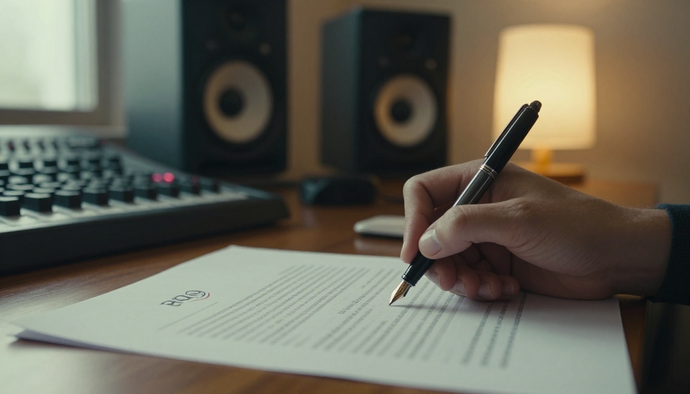 A songwriter's hands signing a licensing agreement at a walnut desk beside studio monitors