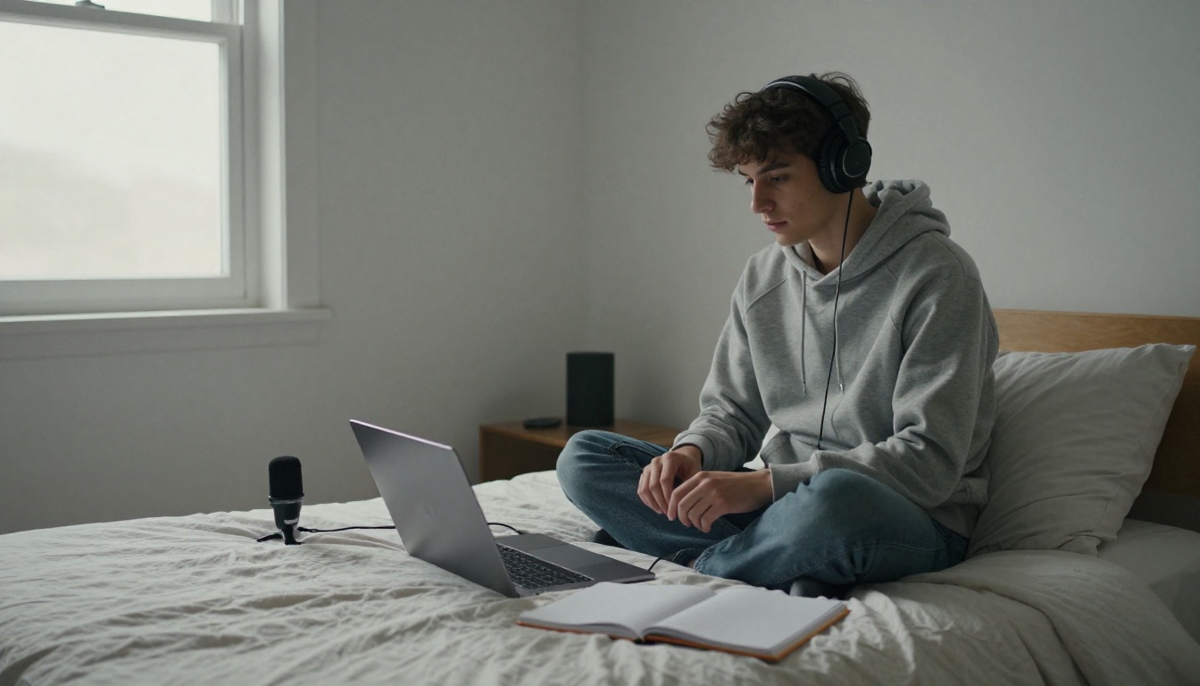 A young creator working on a laptop with headphones in a small bedroom studio