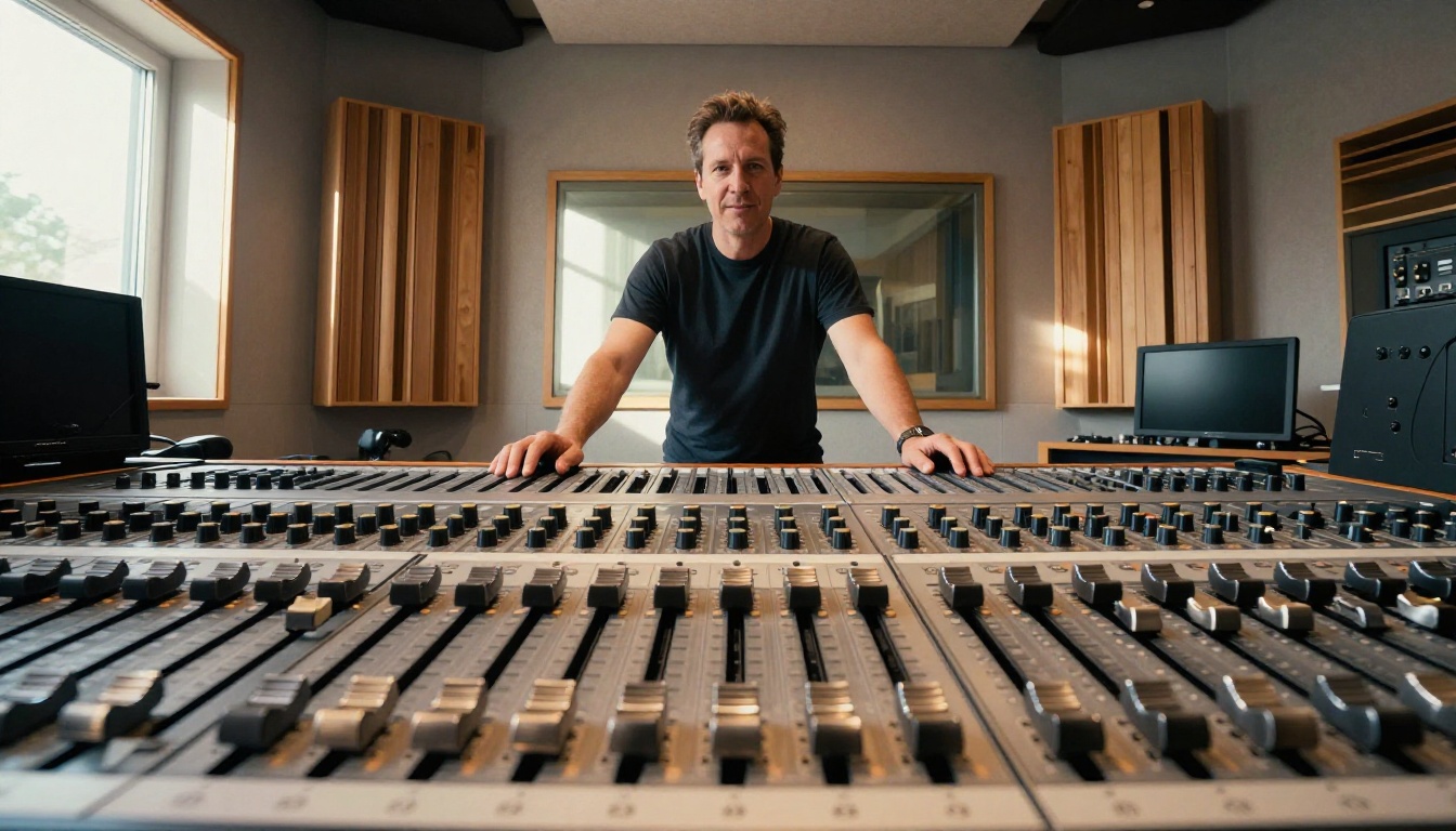 A producer standing behind a large mixing console in a professional studio
