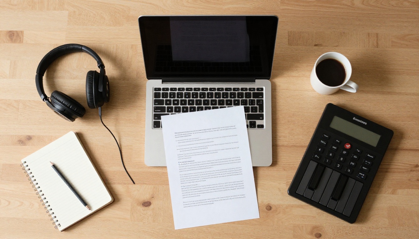Overhead view of a creator's desk with a laptop, headphones, a MIDI controller, and a printed contract