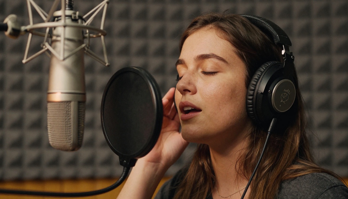 Singer recording in a small vocal booth with a pop filter