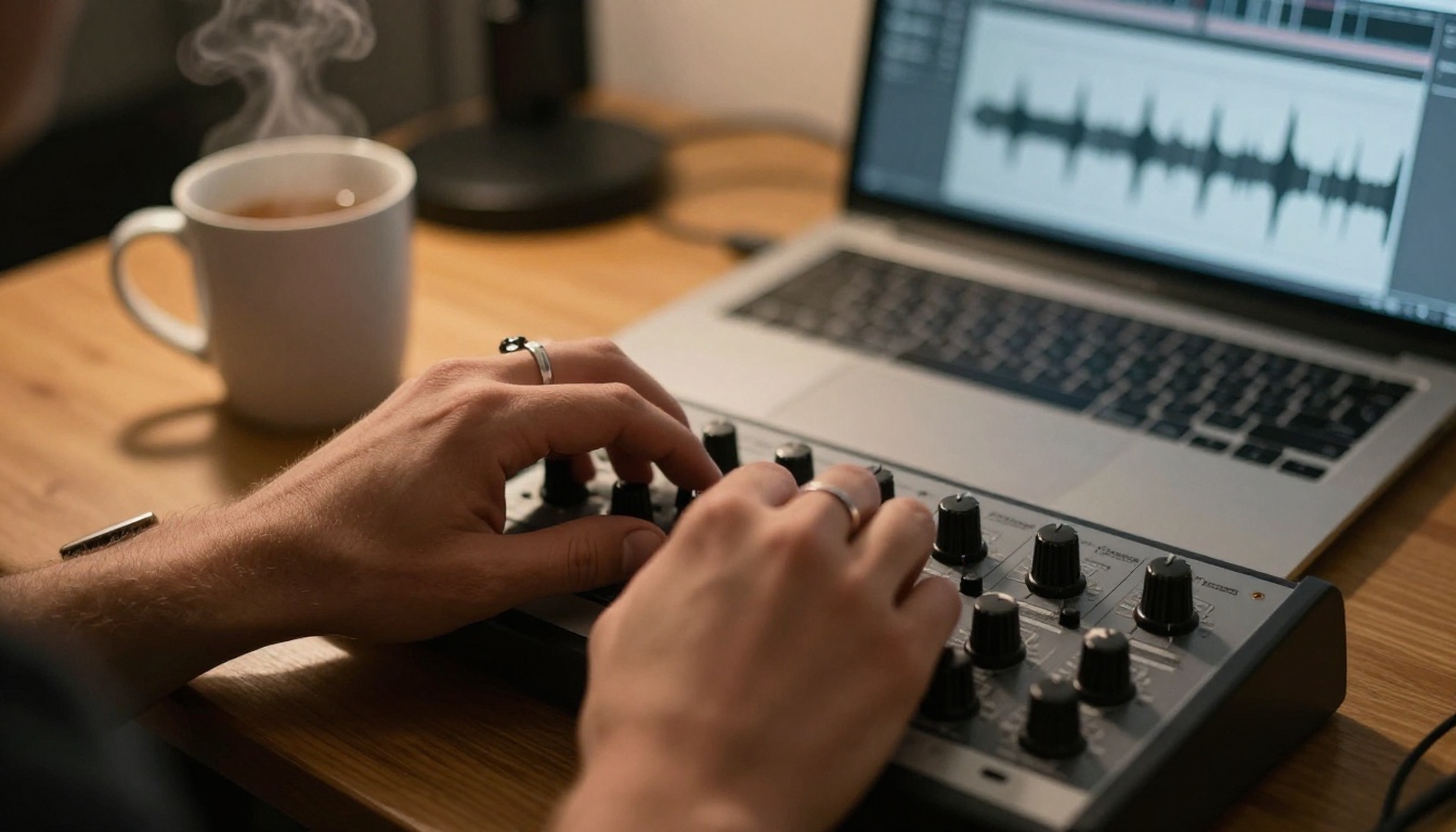 Hands adjusting a knob on an audio interface