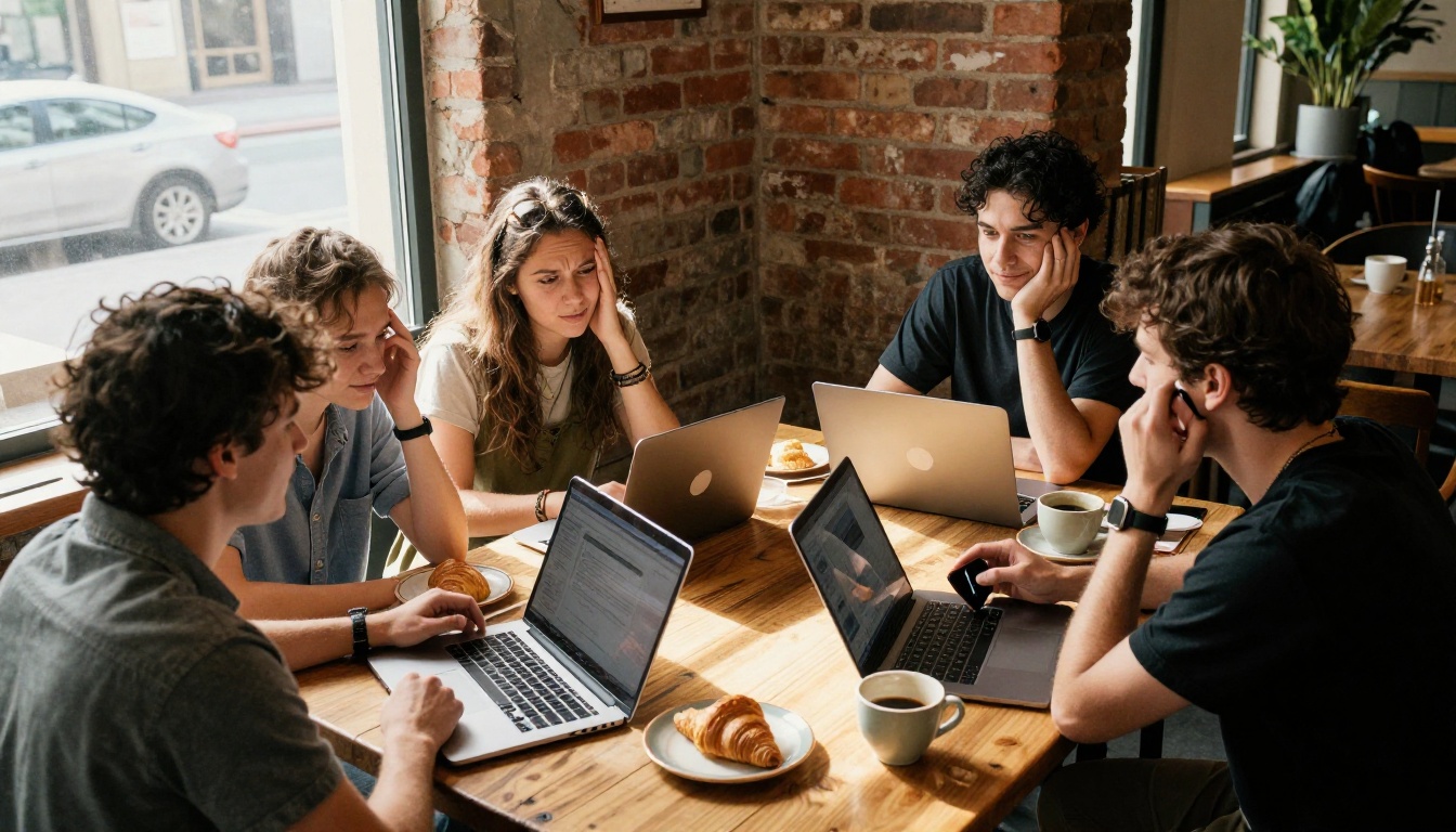 Four musicians talking around a café table with laptops