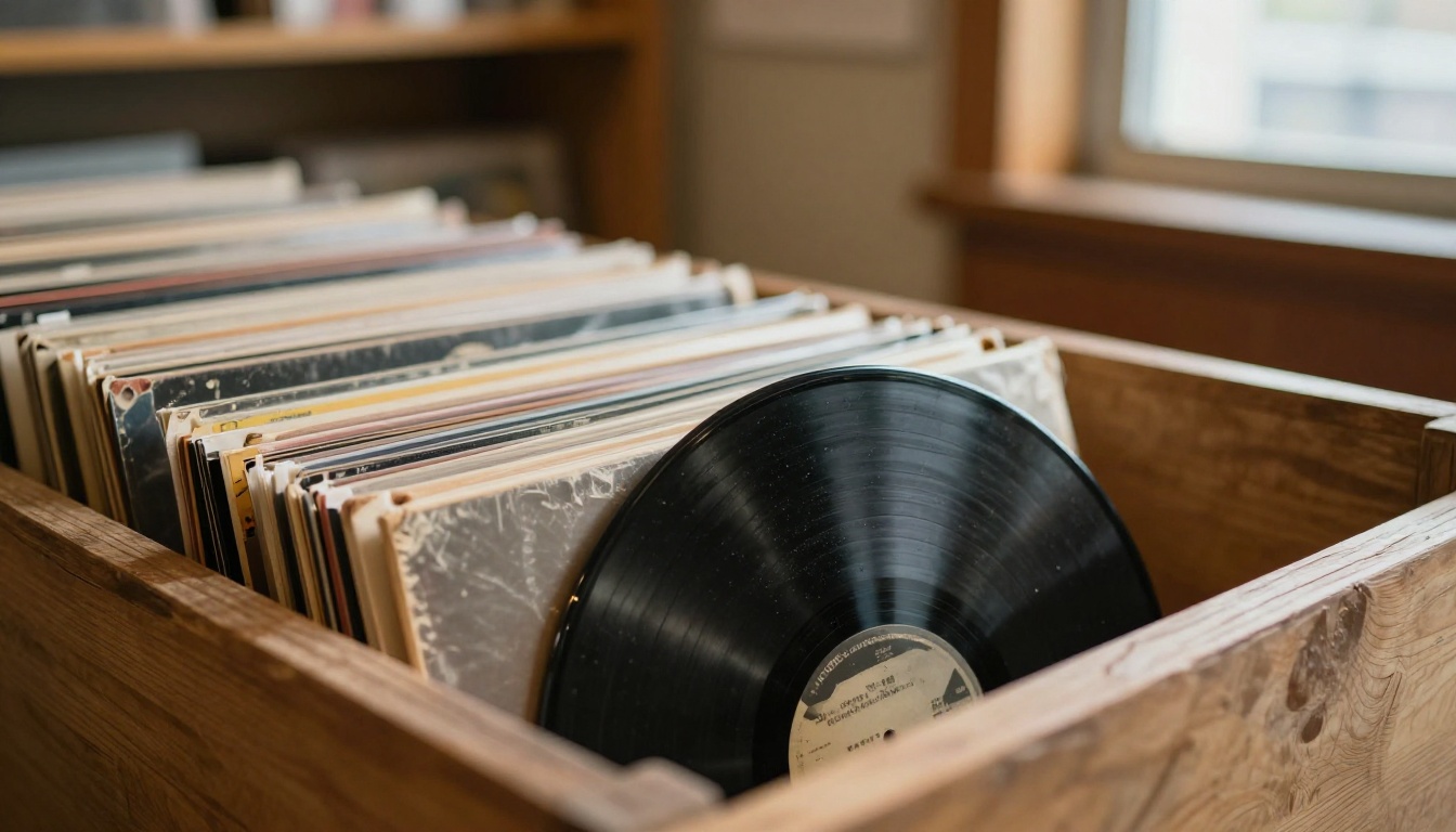 Hand pulling a worn vinyl record from a crate in a record shop