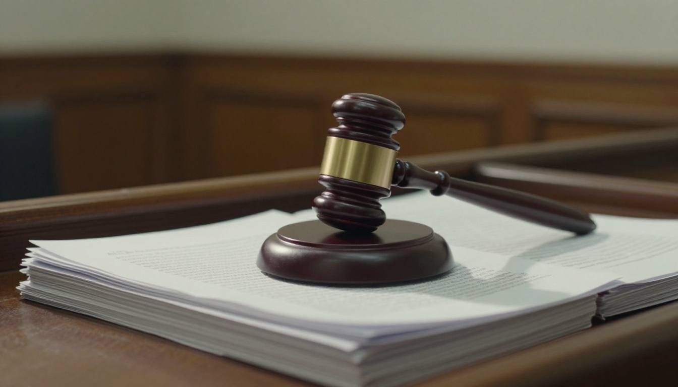 Wooden gavel resting on a stack of legal documents