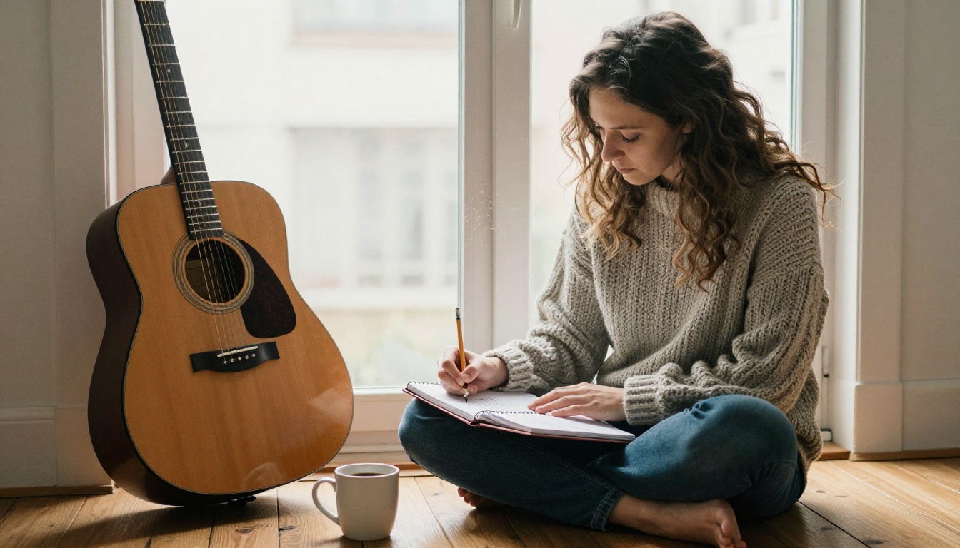 Songwriter writing lyrics in a notebook beside a sunny window