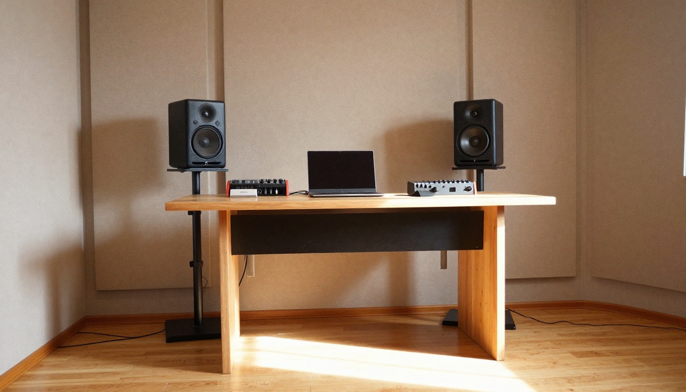 Symmetrical view of studio monitors in a treated mixing room