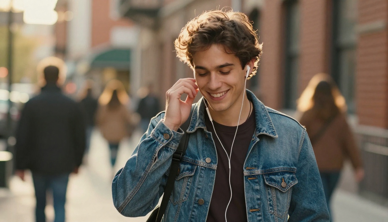 Smiling young man listening to music with earbuds while walking through a sunlit city street