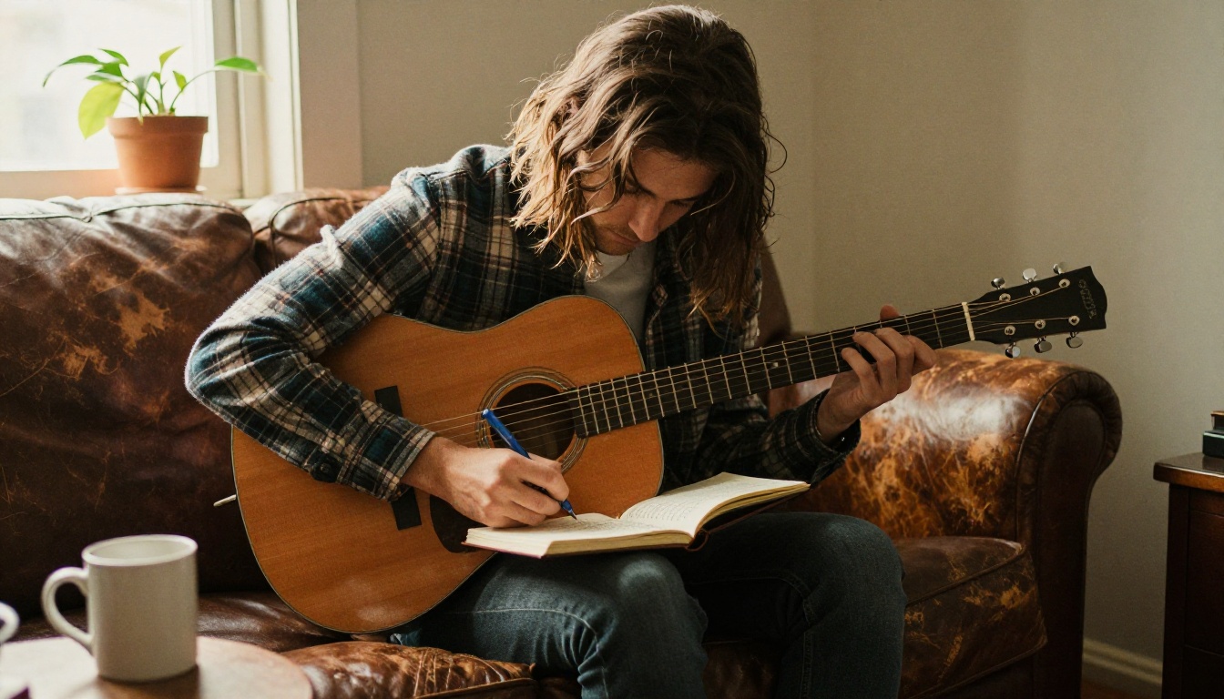A songwriter in a flannel shirt writing lyrics in a notebook with an acoustic guitar across his lap