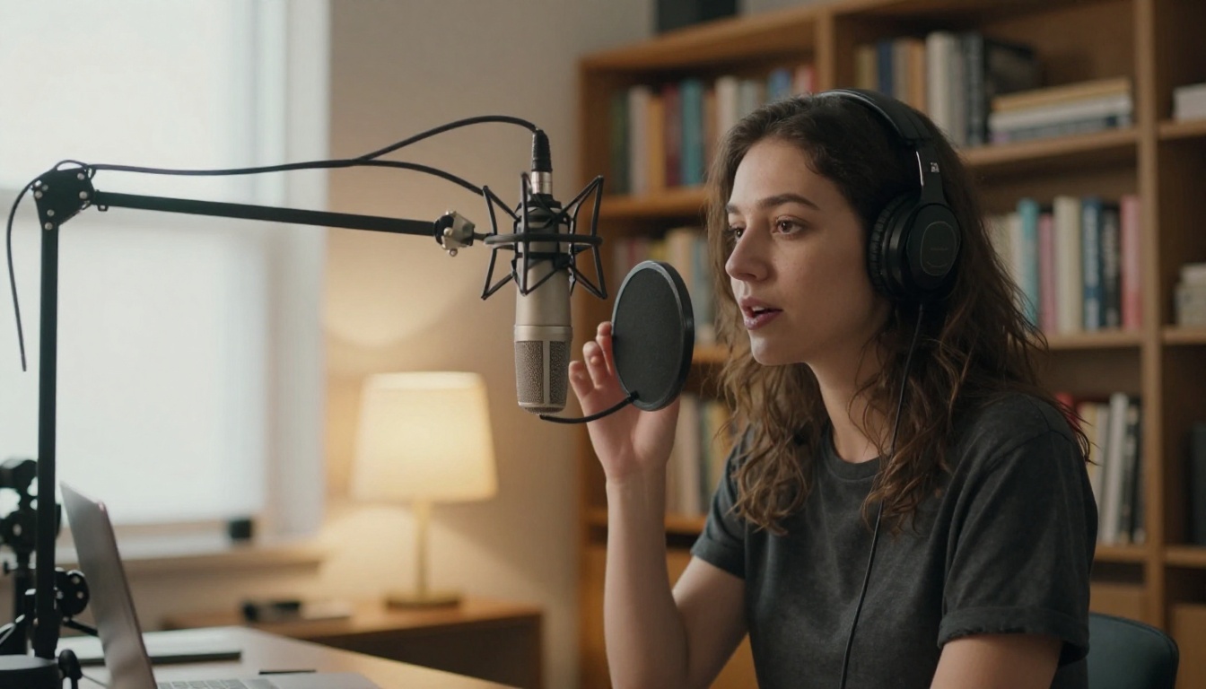 A podcaster speaking into a microphone in a tidy home studio with a camera on a tripod behind her
