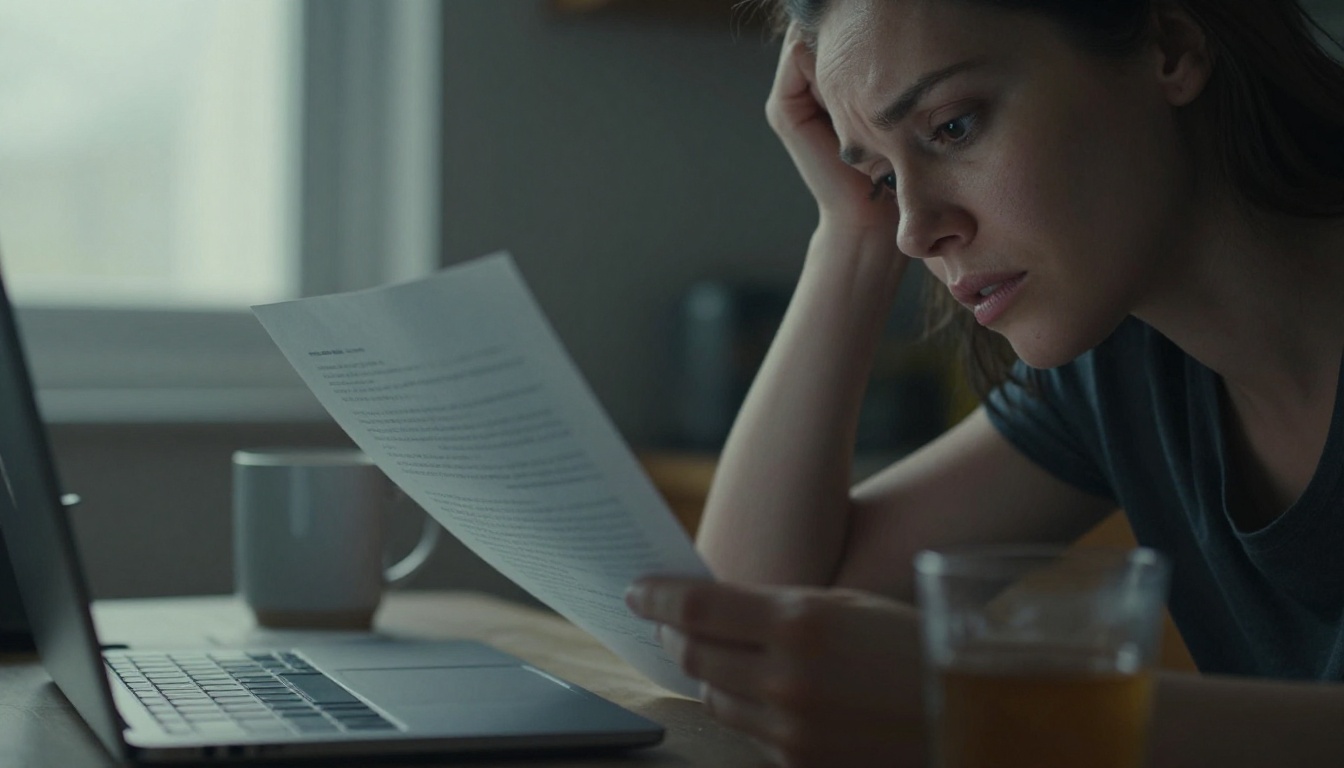 A woman at a kitchen table reading a printed document with a concerned expression