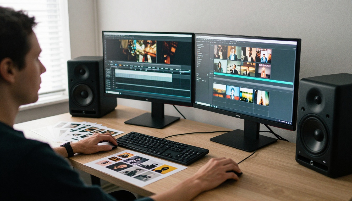 A video editor at a dual-monitor desk with printed album artwork proofs beside studio monitors