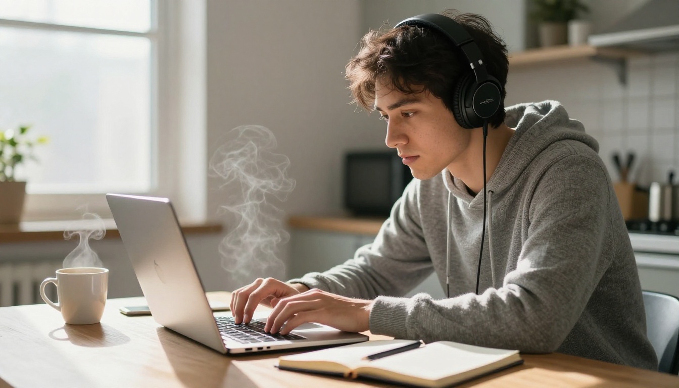 Songwriter typing a music prompt on a laptop at a sunlit kitchen table