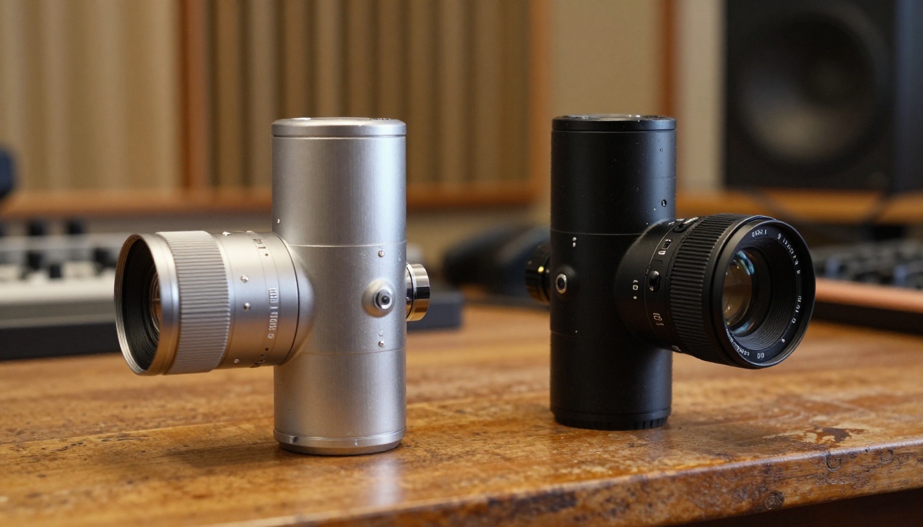 Two vintage ribbon microphones side by side on a walnut desk