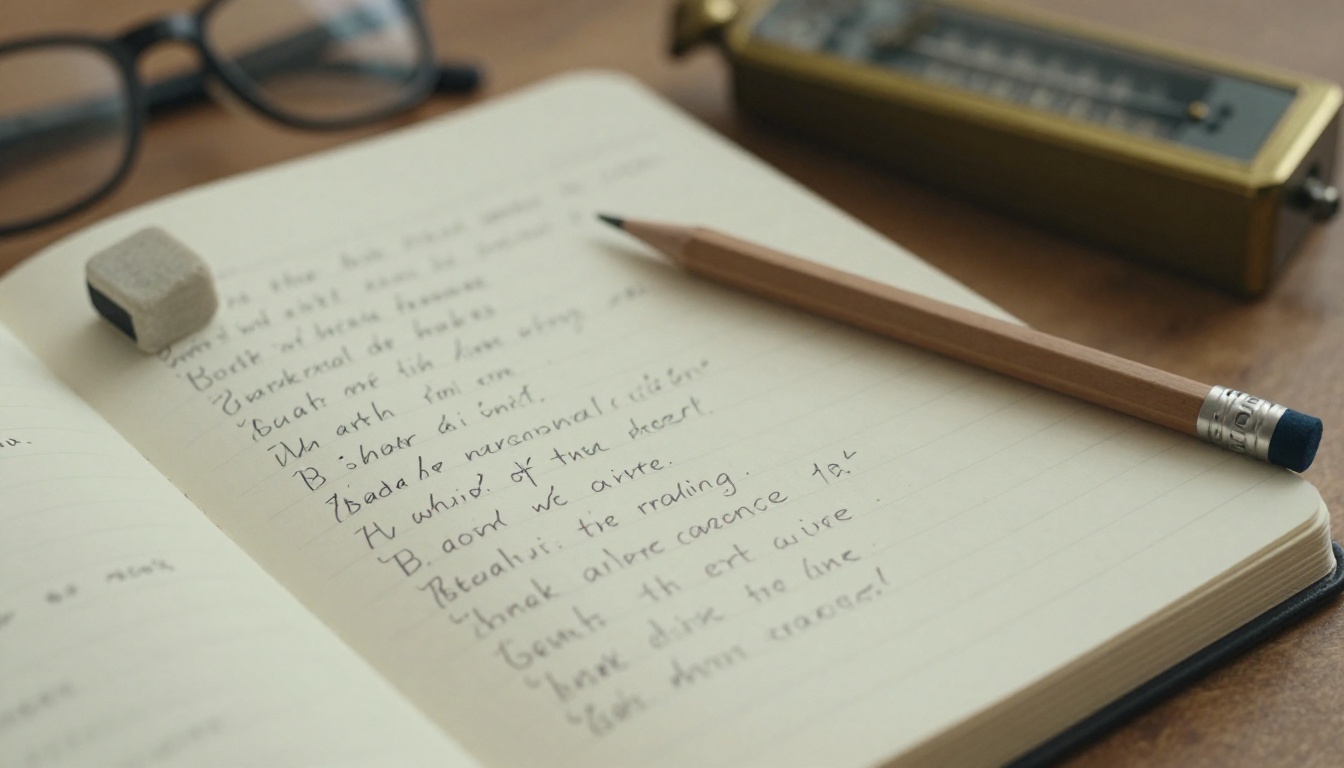 Handwritten lyric notebook with a pencil and metronome on a wooden desk