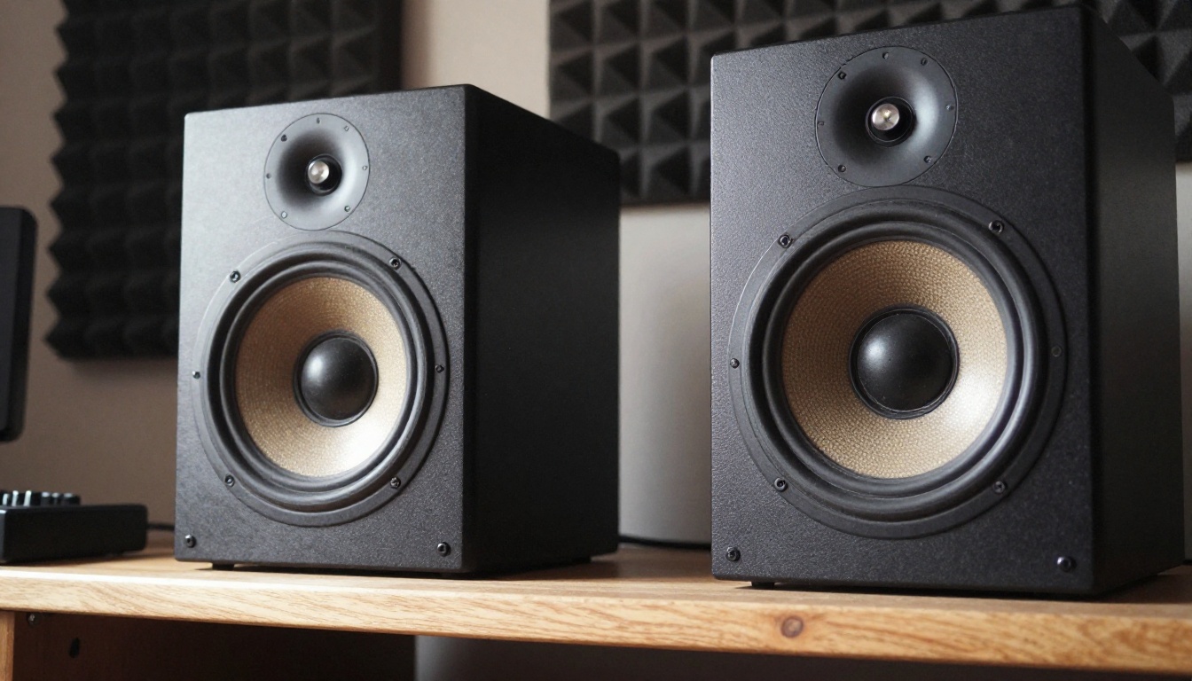 Low-angle view of studio monitor speakers on oak stands in afternoon light