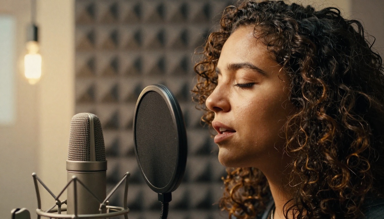 Female singer in profile performing into a condenser microphone inside a vocal booth