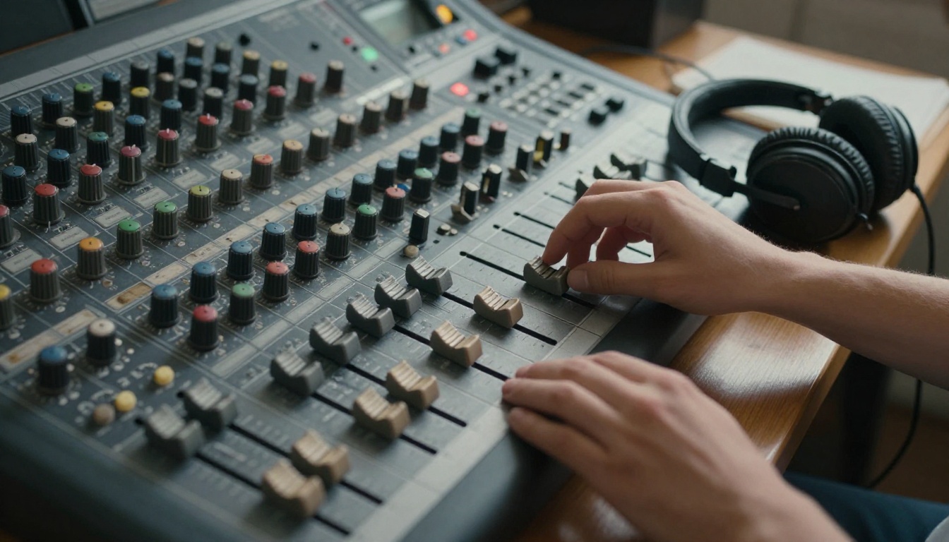 Overhead view of a mixing console with a hand adjusting a fader