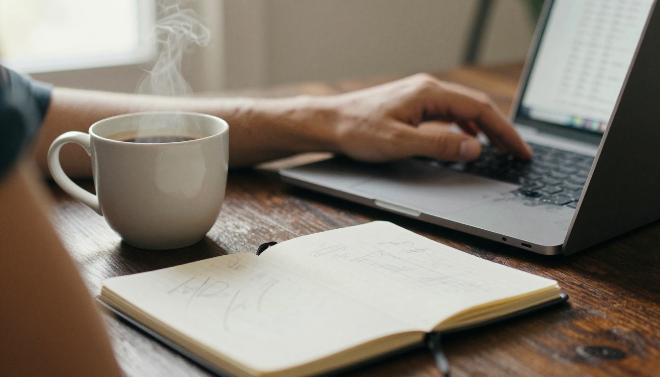 A songwriter's hands on a laptop beside a notebook of lyrics