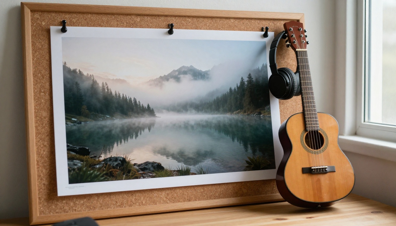 Printed alpine lake photograph pinned to a cork board above a desk with headphones