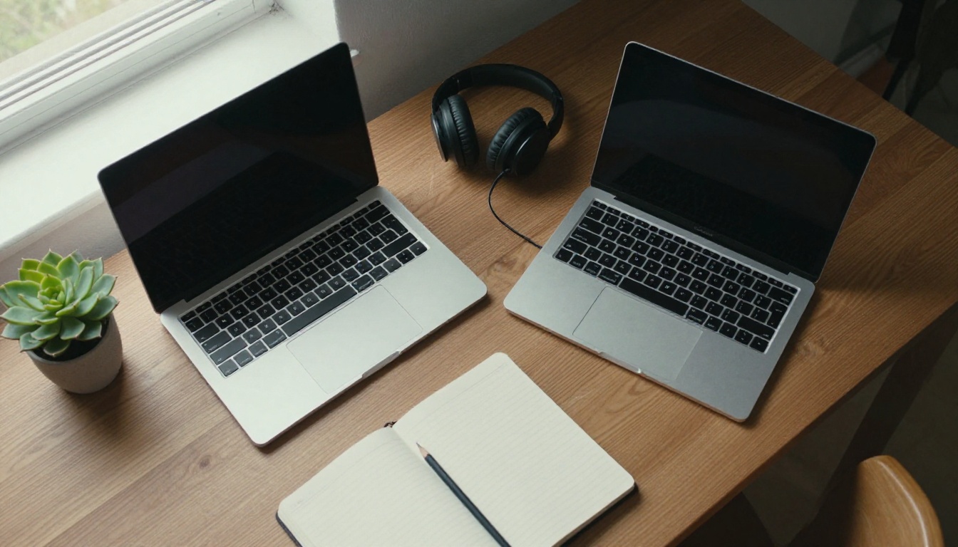 Two laptops and studio headphones seen from above on a wooden desk