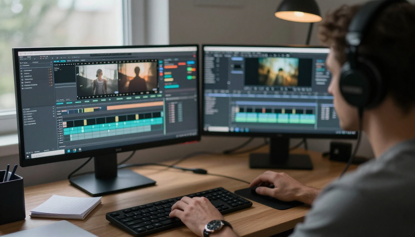 Video editor at a two-monitor desk cutting a clip with headphones on