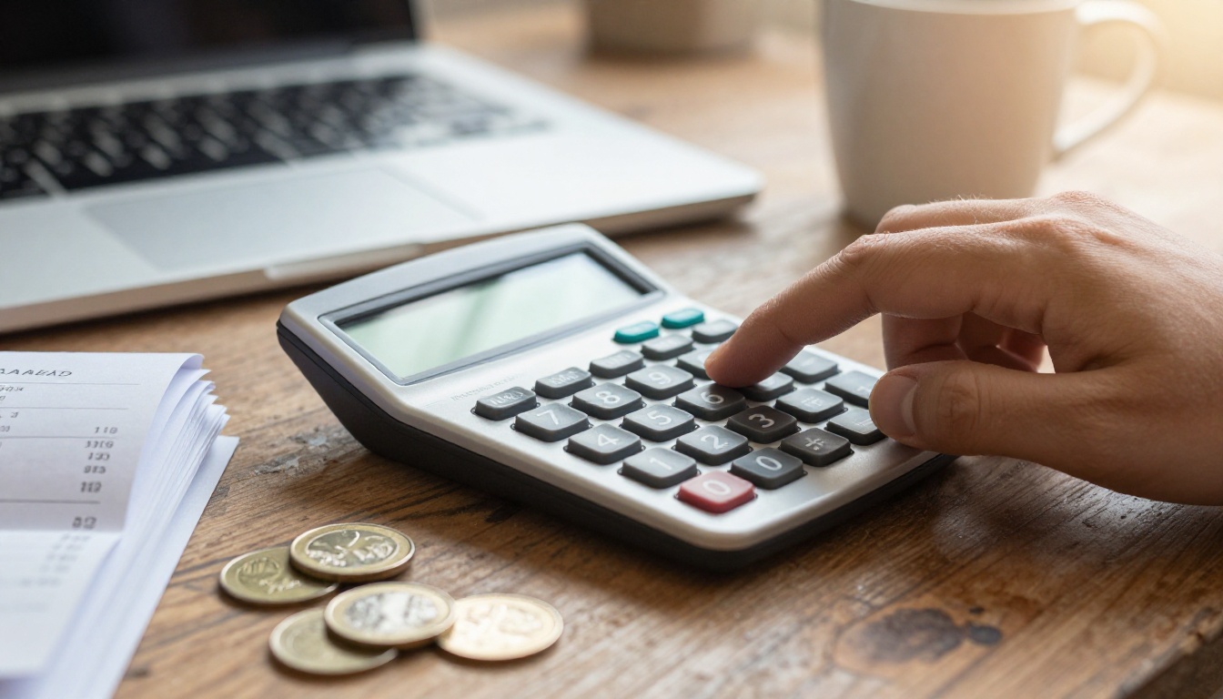 A hand pressing calculator buttons next to receipts and coins